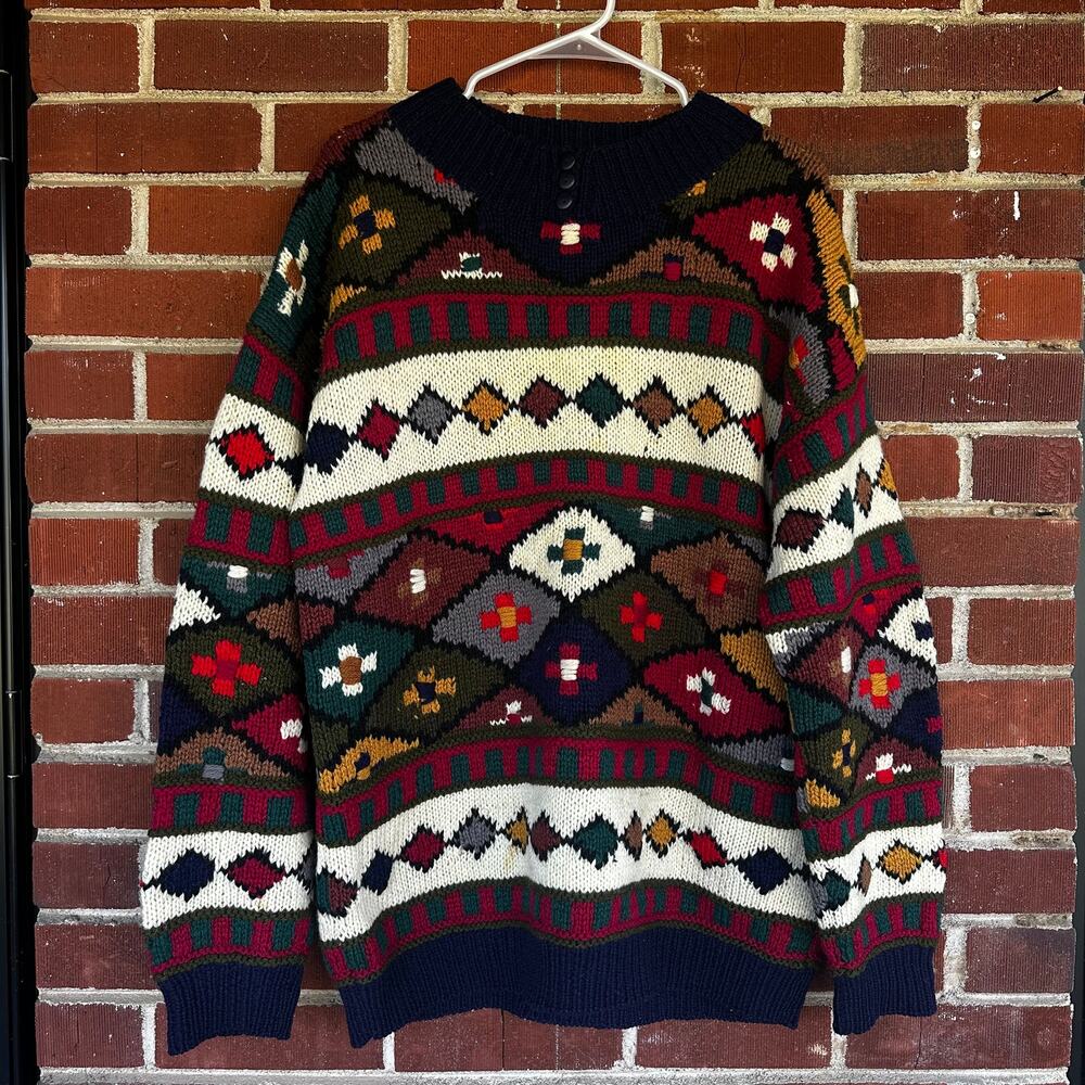 Vintage 100% Wool Pattern Sweater River Trader Knit Grandpa Core L